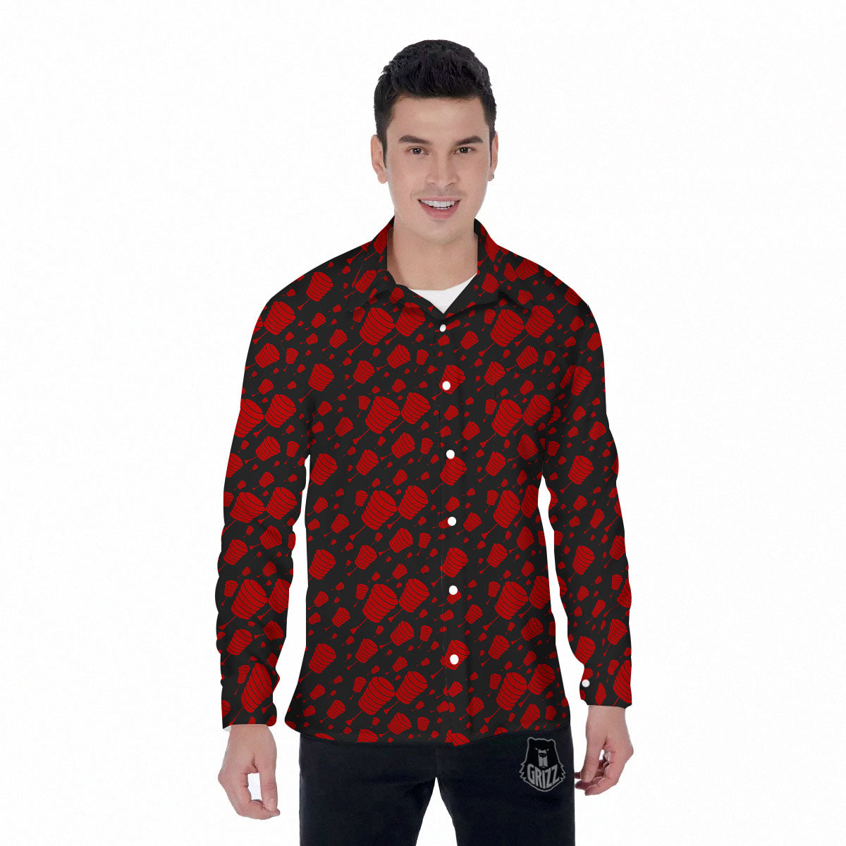 Chinese Red And Black Print Pattern Men's Long Sleeve Shirts-grizzshop