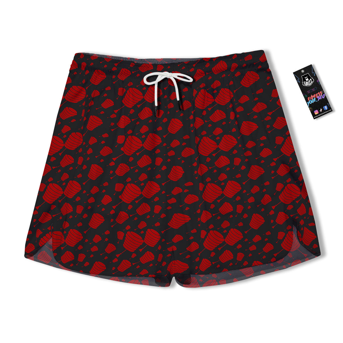 Chinese Red And Black Print Pattern Men's Running Shorts-grizzshop