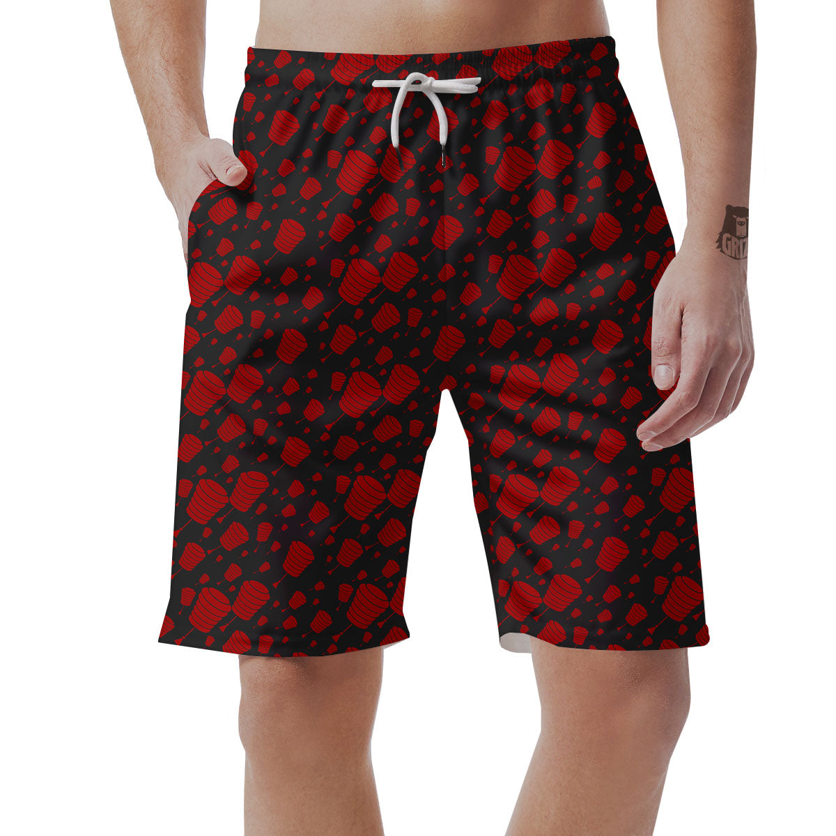 Chinese Red And Black Print Pattern Men's Shorts-grizzshop