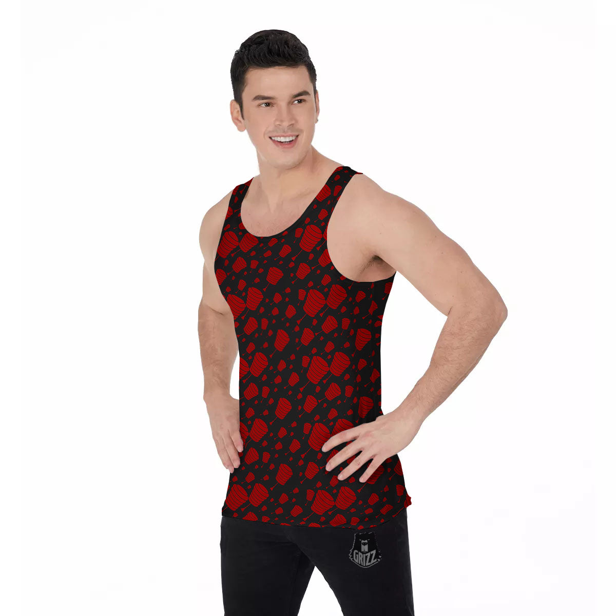 Chinese Red And Black Print Pattern Men's Tank Top-grizzshop