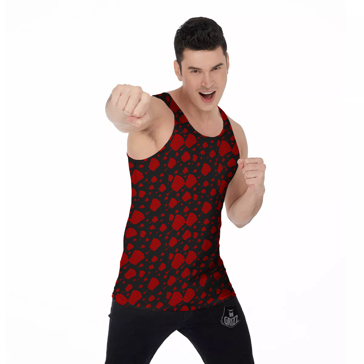 Chinese Red And Black Print Pattern Men's Tank Top-grizzshop
