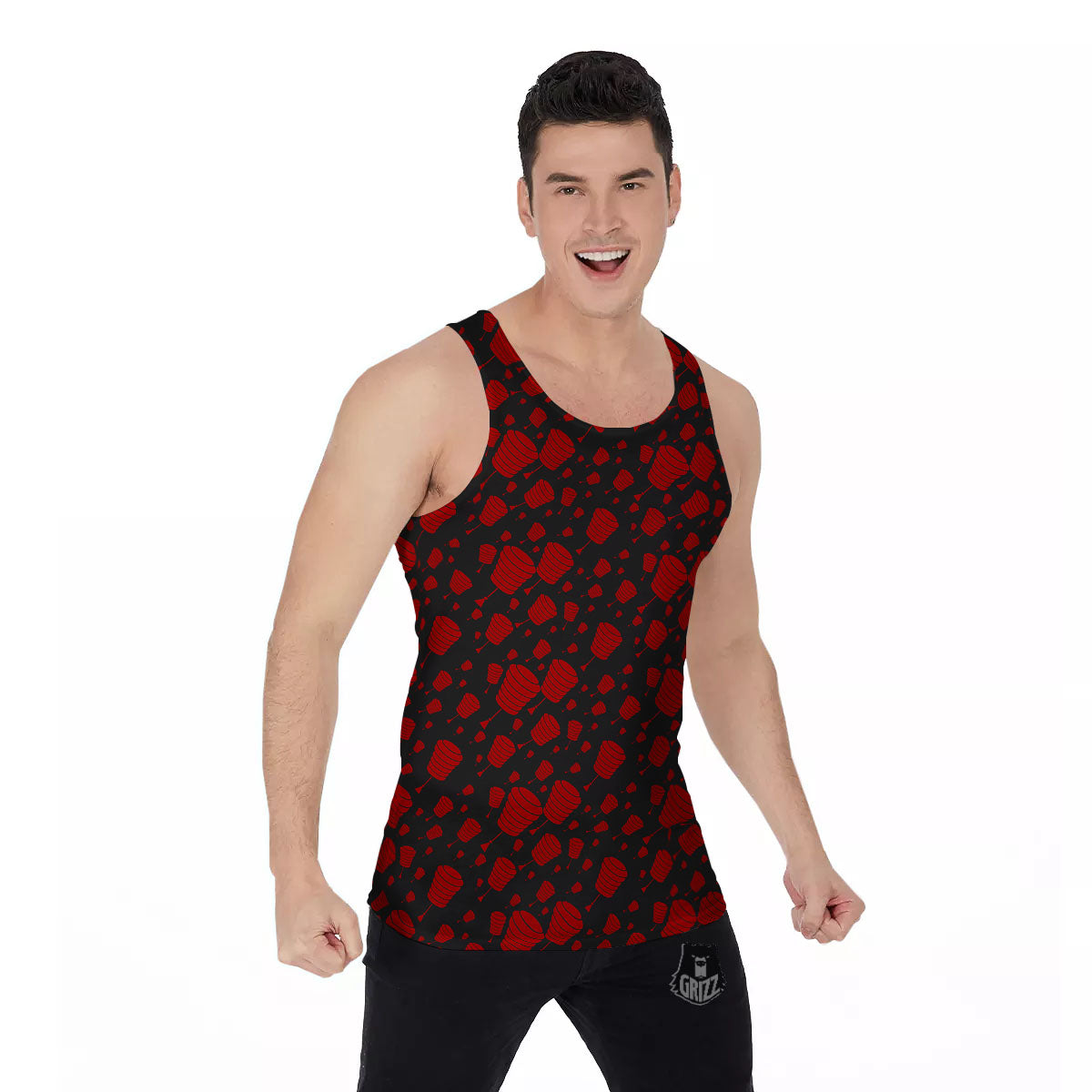 Chinese Red And Black Print Pattern Men's Tank Top-grizzshop