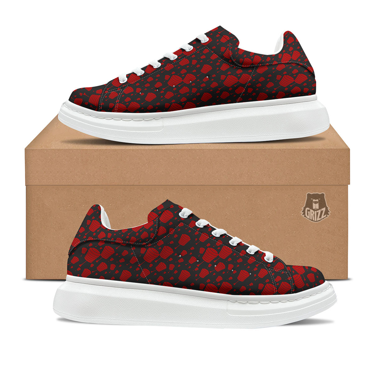 Chinese Red And Black Print Pattern Platform Shoes-grizzshop