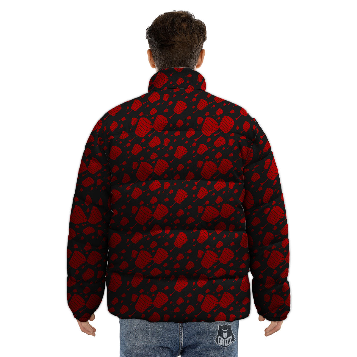 Chinese Red And Black Print Pattern Puffer Jacket-grizzshop