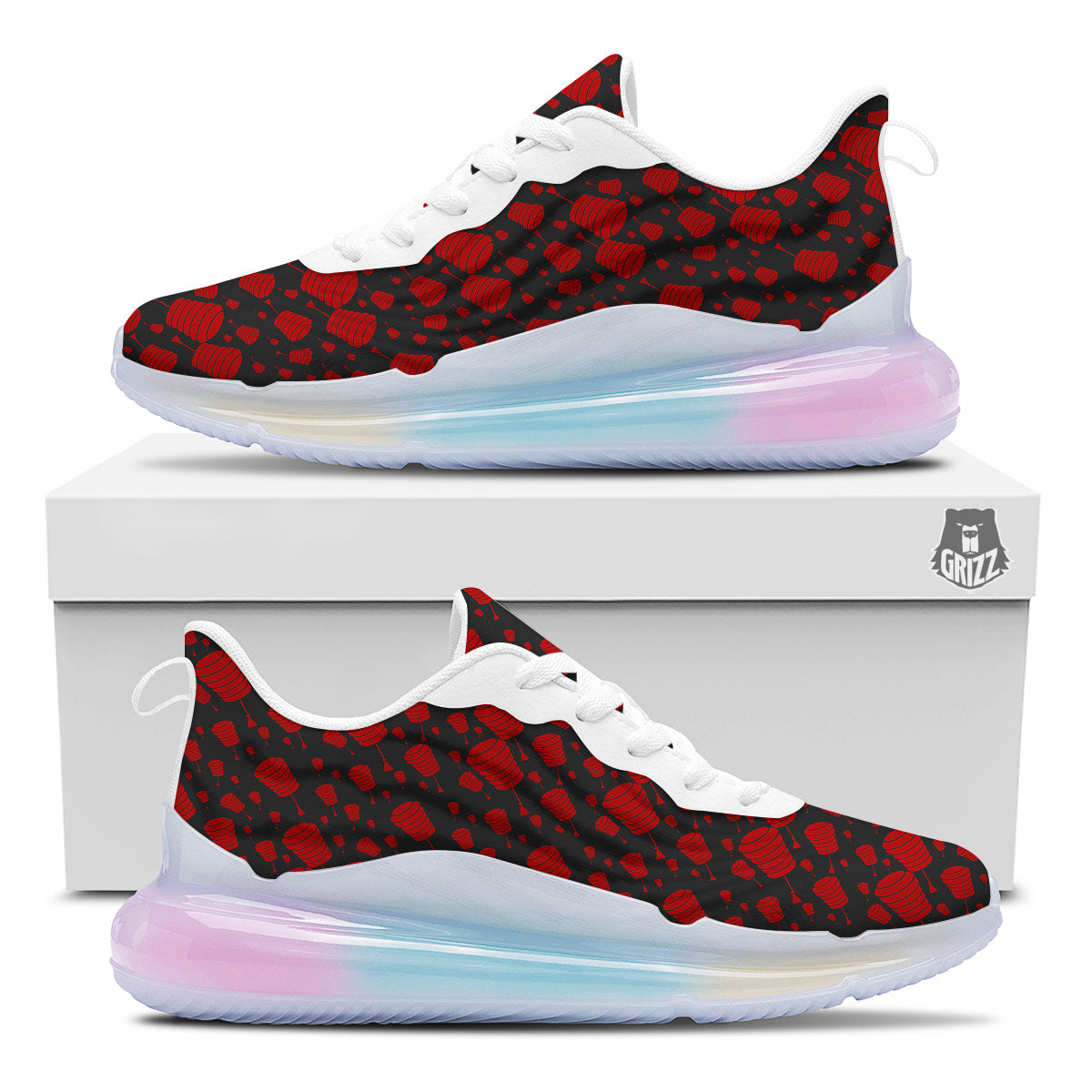 Chinese Red And Black Print Pattern Running Sneakers-grizzshop