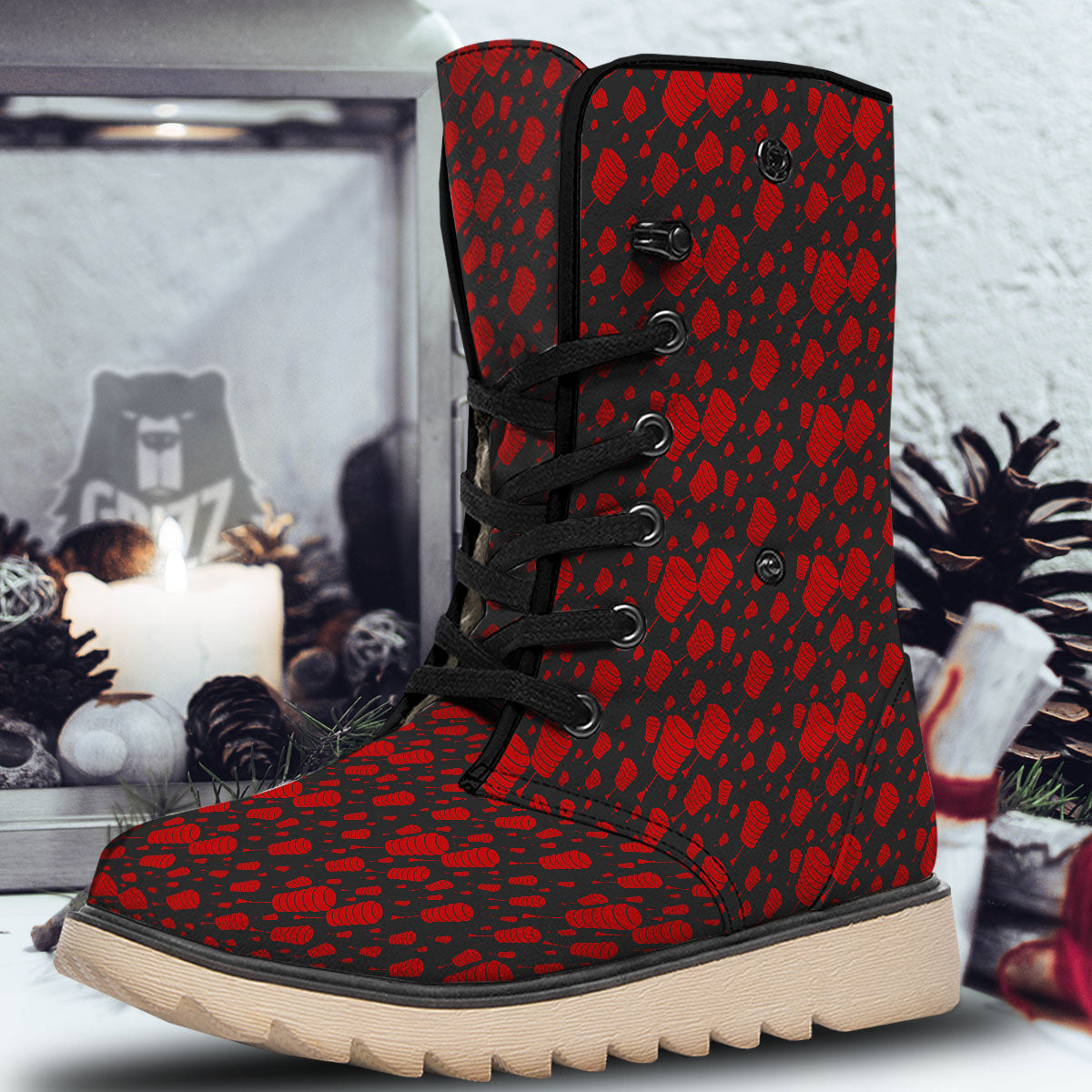 Chinese Red And Black Print Pattern Snow Boots-grizzshop