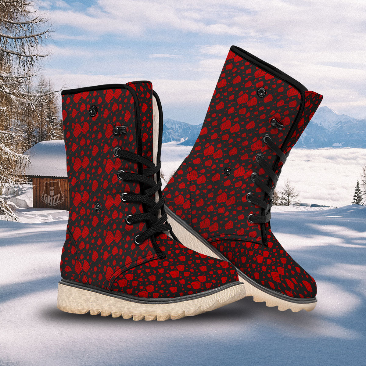 Chinese Red And Black Print Pattern Snow Boots-grizzshop