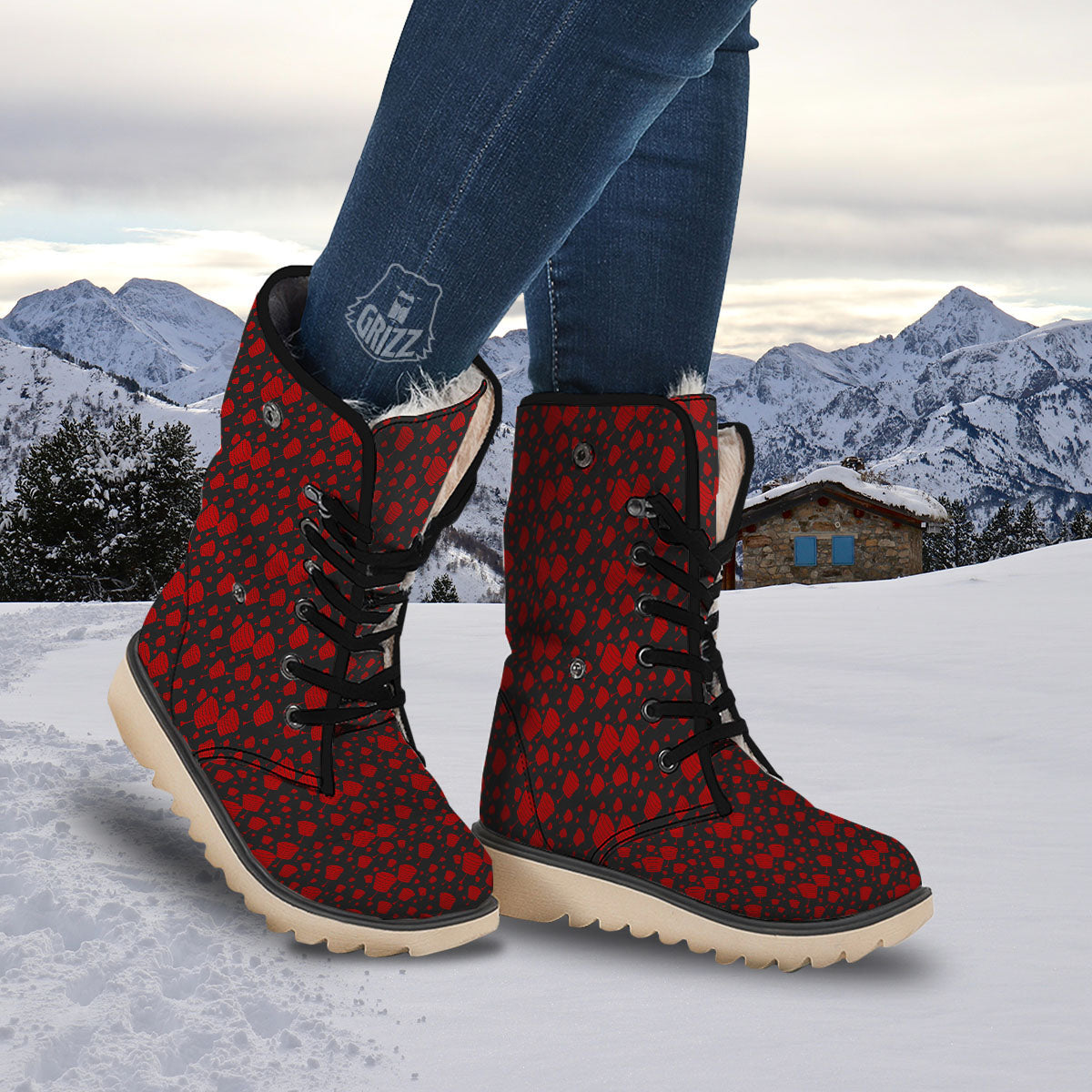 Chinese Red And Black Print Pattern Snow Boots-grizzshop