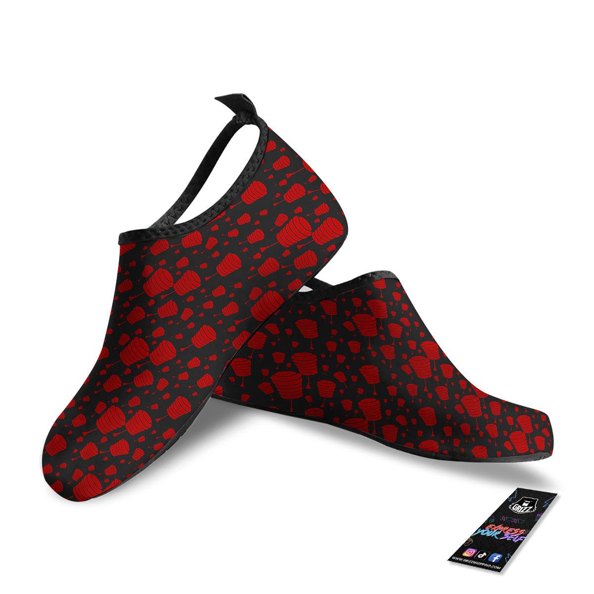 Chinese Red And Black Print Pattern Water Shoes-grizzshop