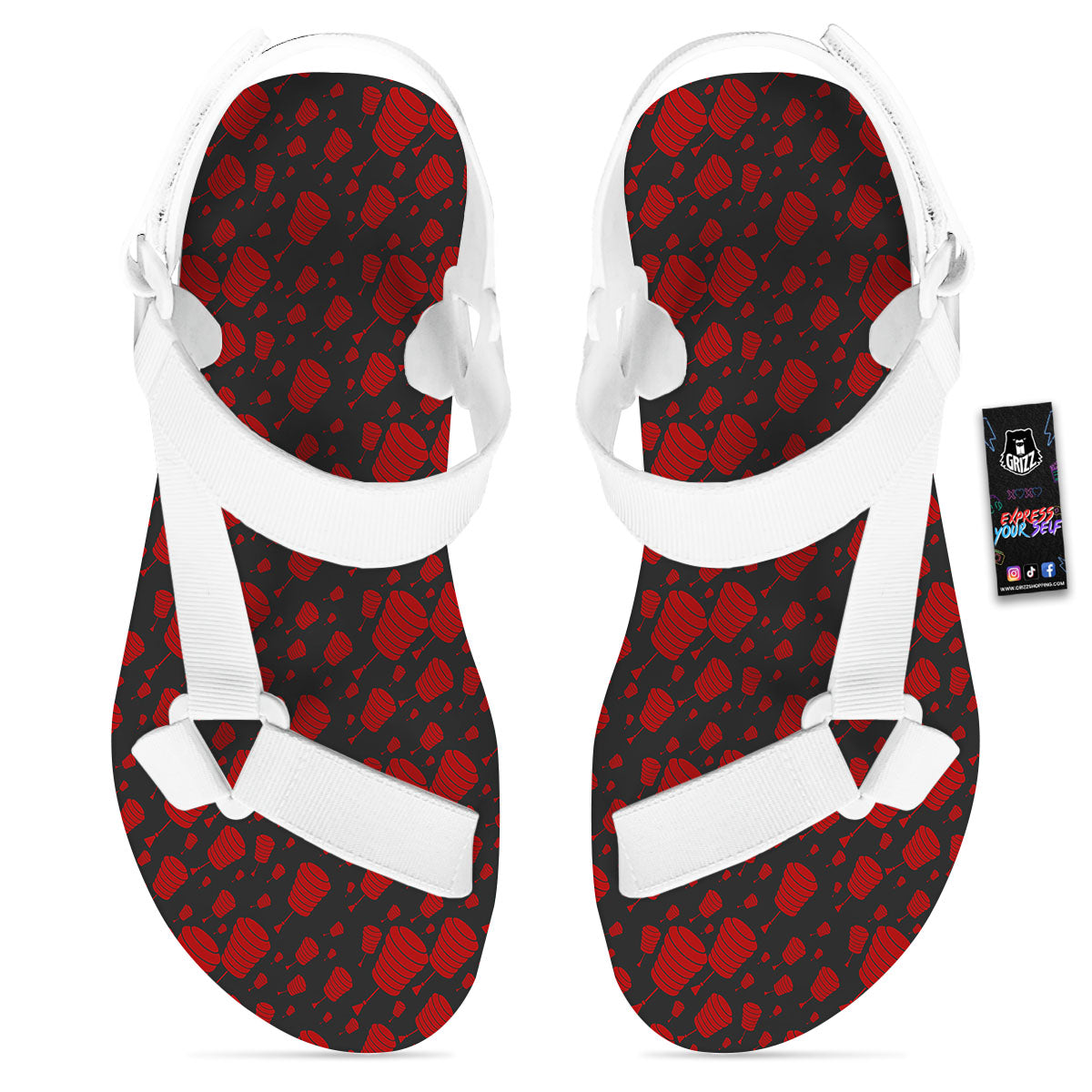 Chinese Red And Black Print Pattern White Open Toe Sandals-grizzshop