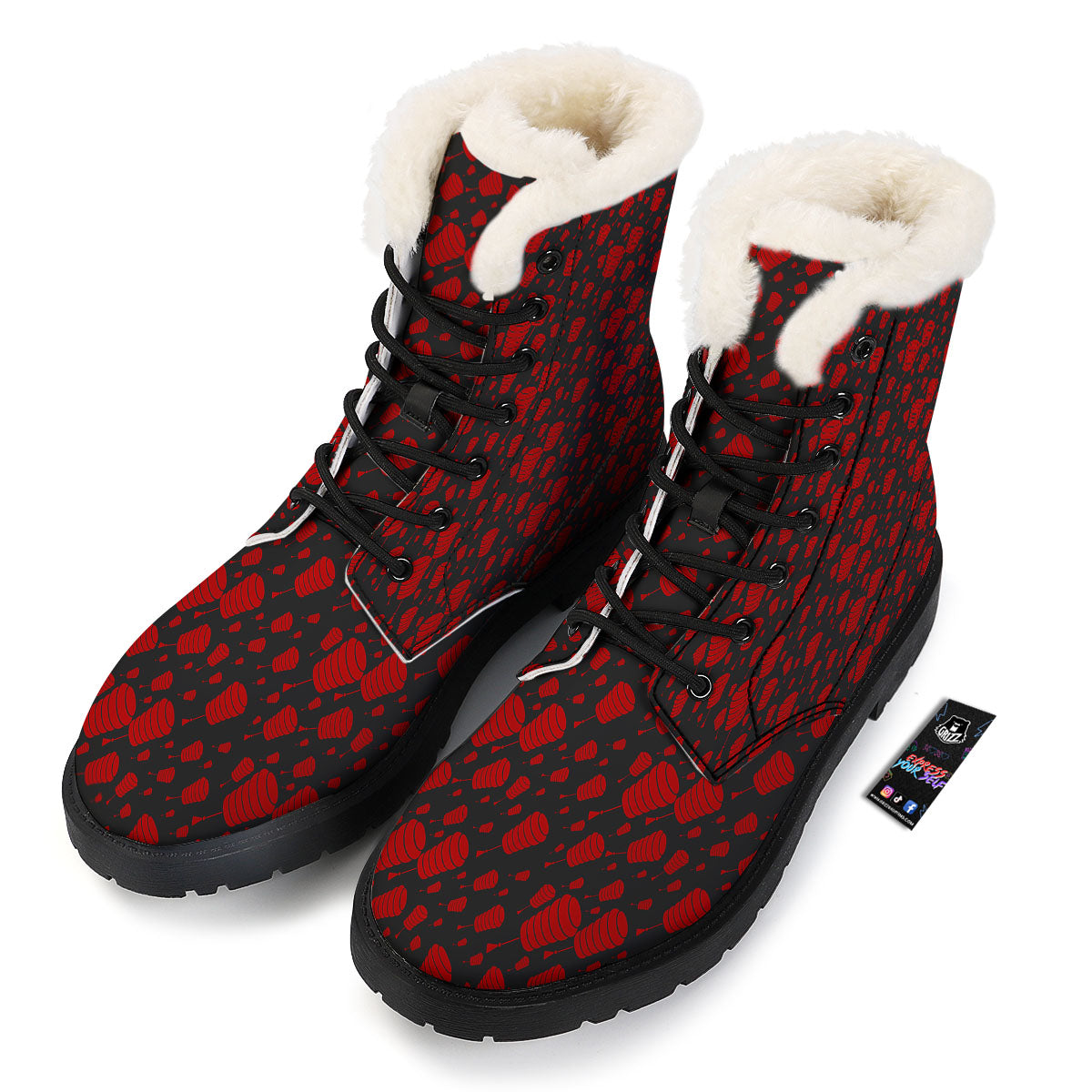 Chinese Red And Black Print Pattern Winter Boots-grizzshop