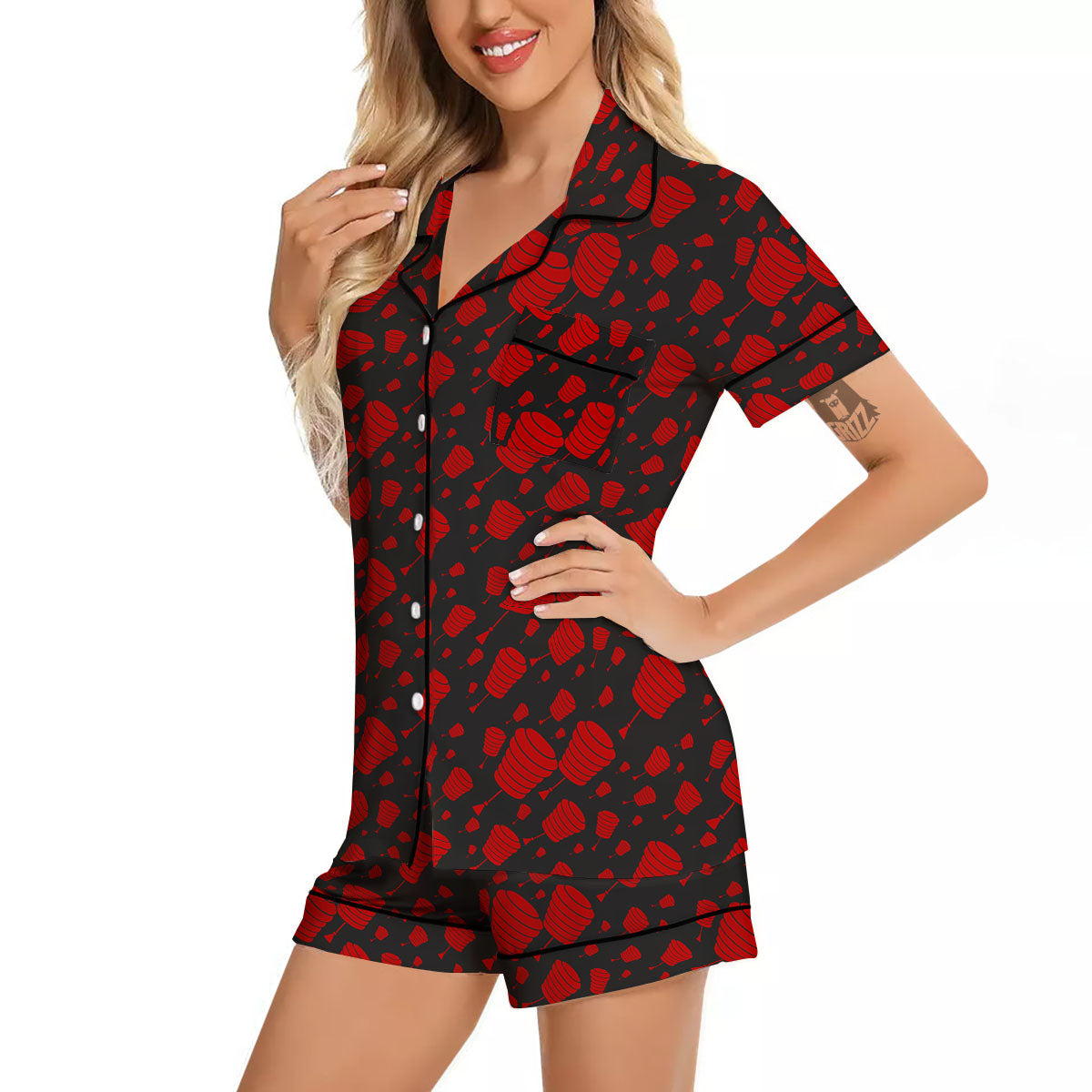Chinese Red And Black Print Pattern Women Silk Pajamas-grizzshop
