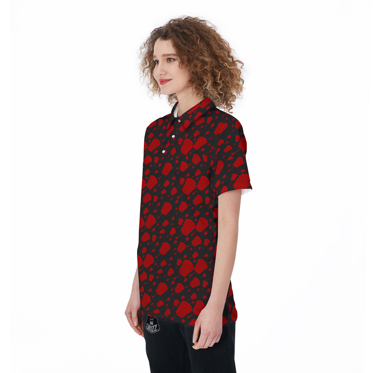 Chinese Red And Black Print Pattern Women's Golf Shirts-grizzshop