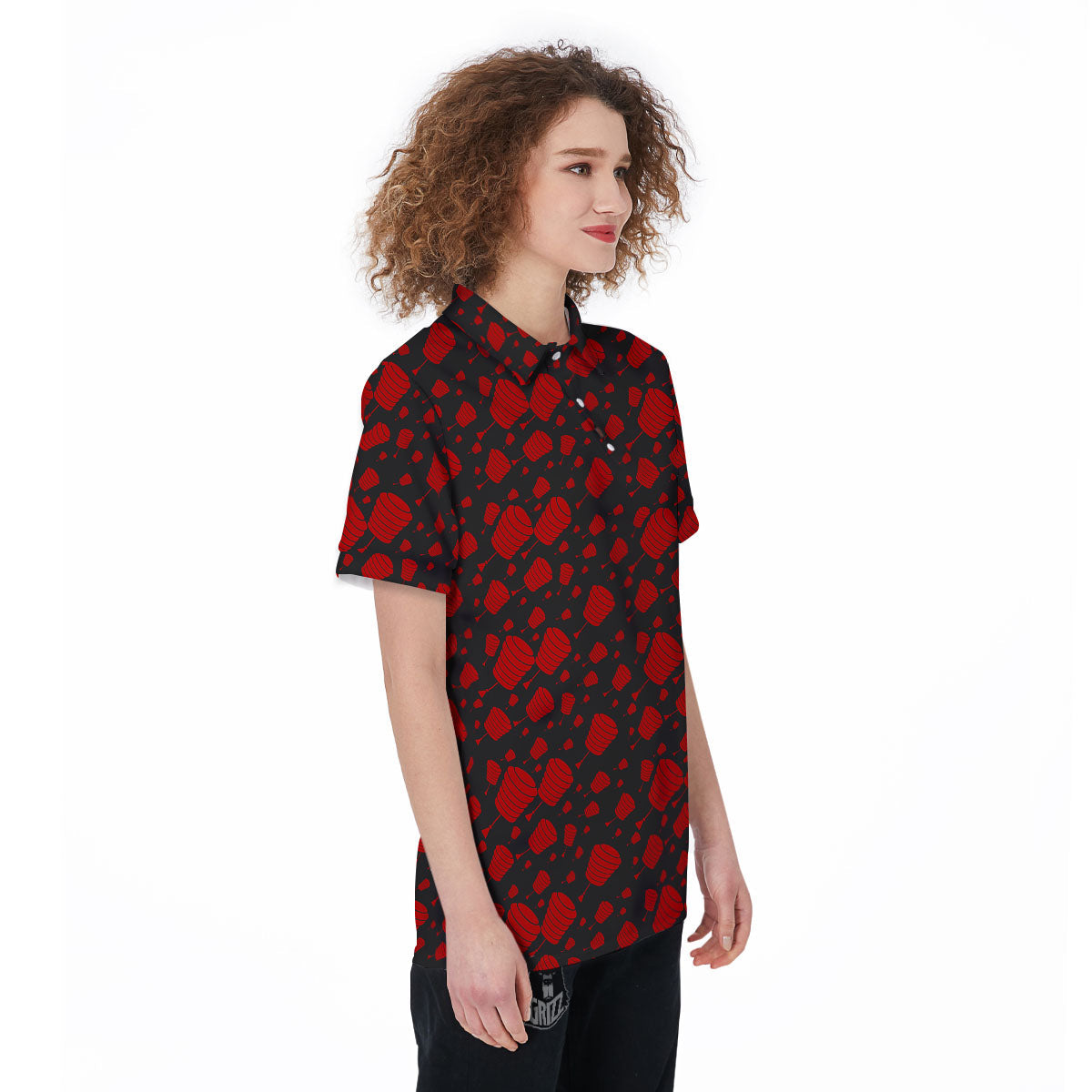 Chinese Red And Black Print Pattern Women's Golf Shirts-grizzshop
