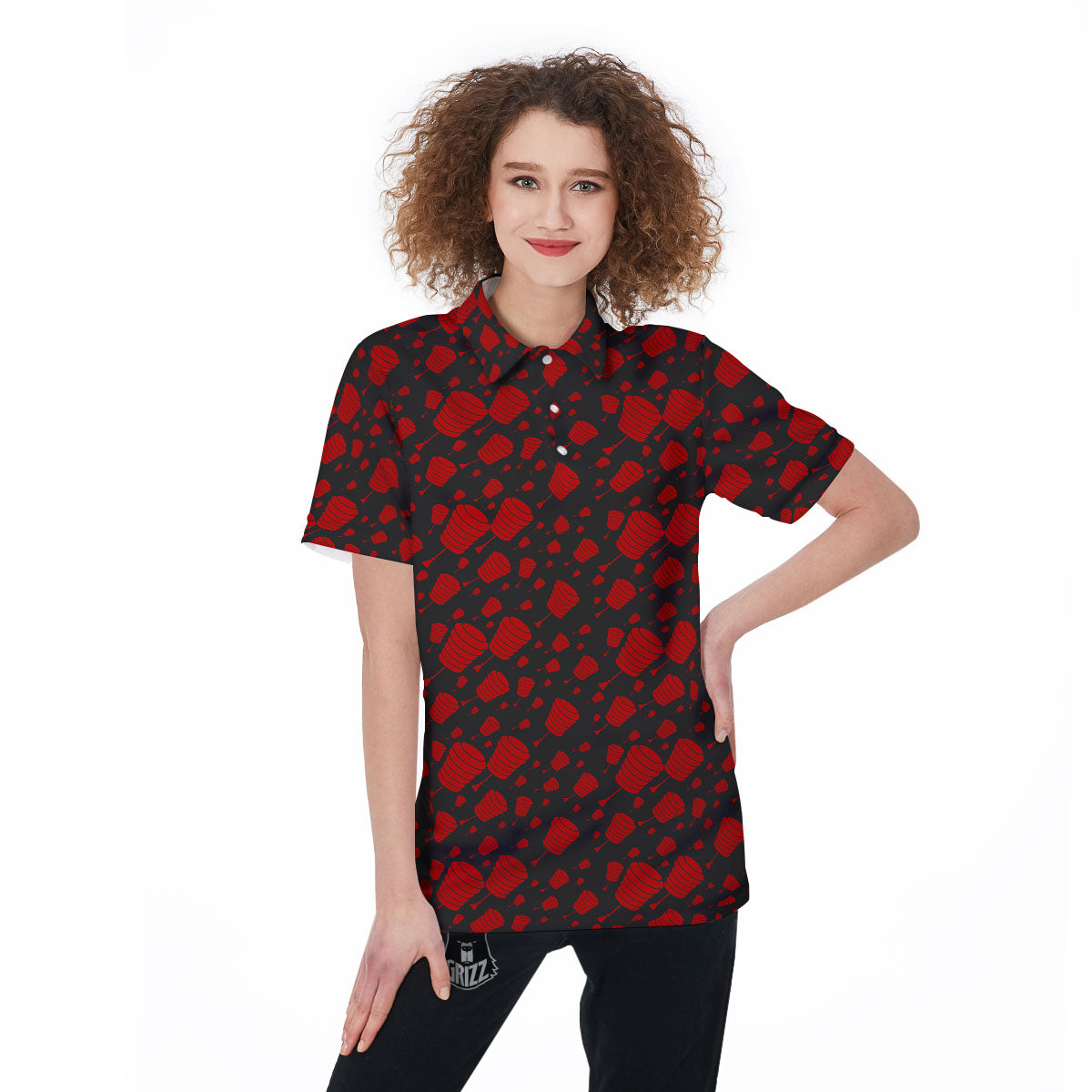 Chinese Red And Black Print Pattern Women's Golf Shirts-grizzshop