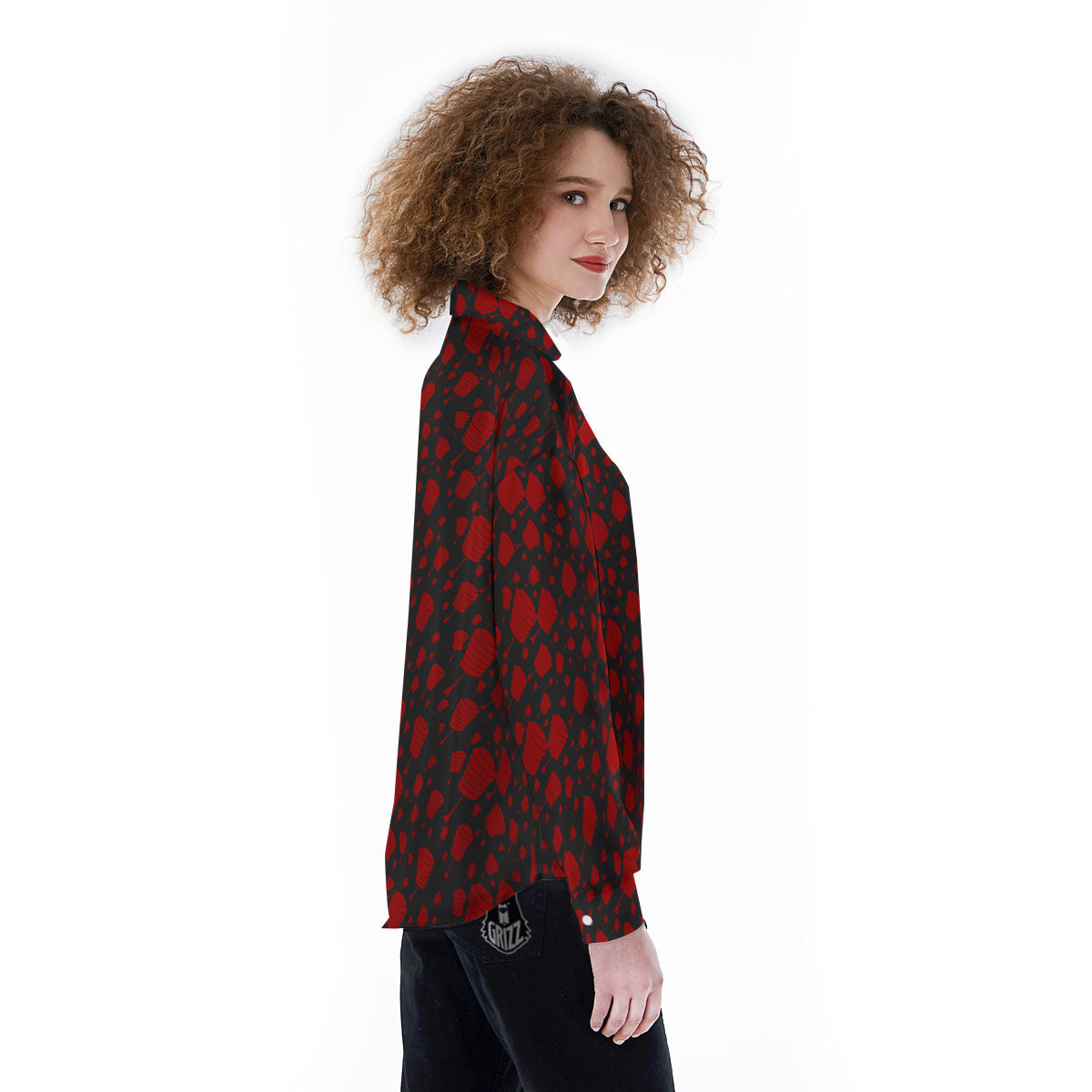 Chinese Red And Black Print Pattern Women's Long Sleeve Shirts-grizzshop