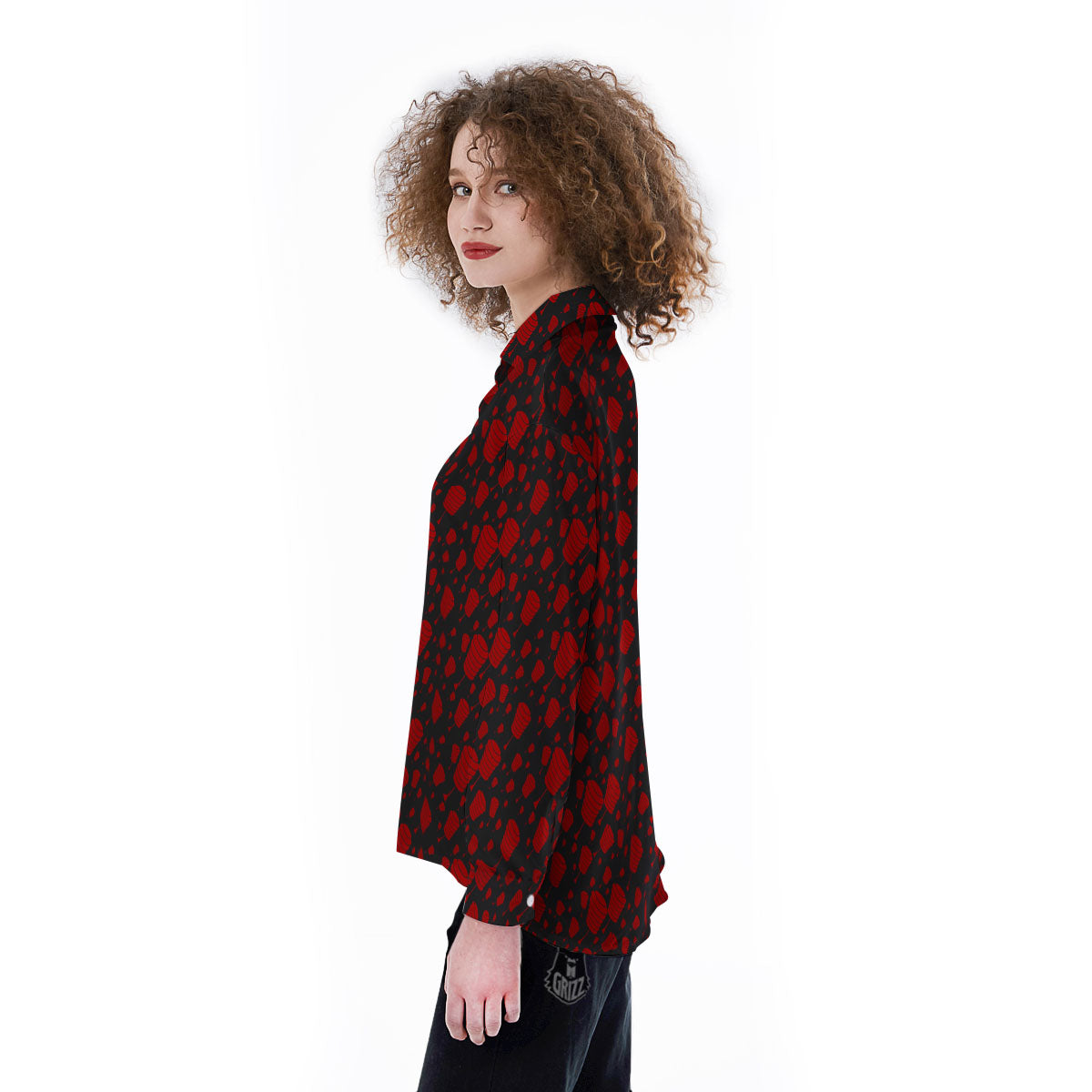 Chinese Red And Black Print Pattern Women's Long Sleeve Shirts-grizzshop
