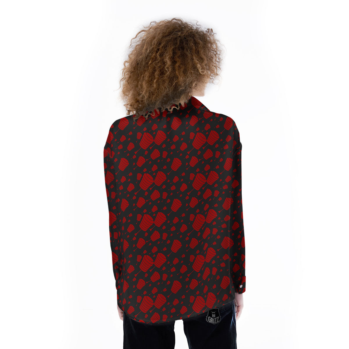 Chinese Red And Black Print Pattern Women's Long Sleeve Shirts-grizzshop
