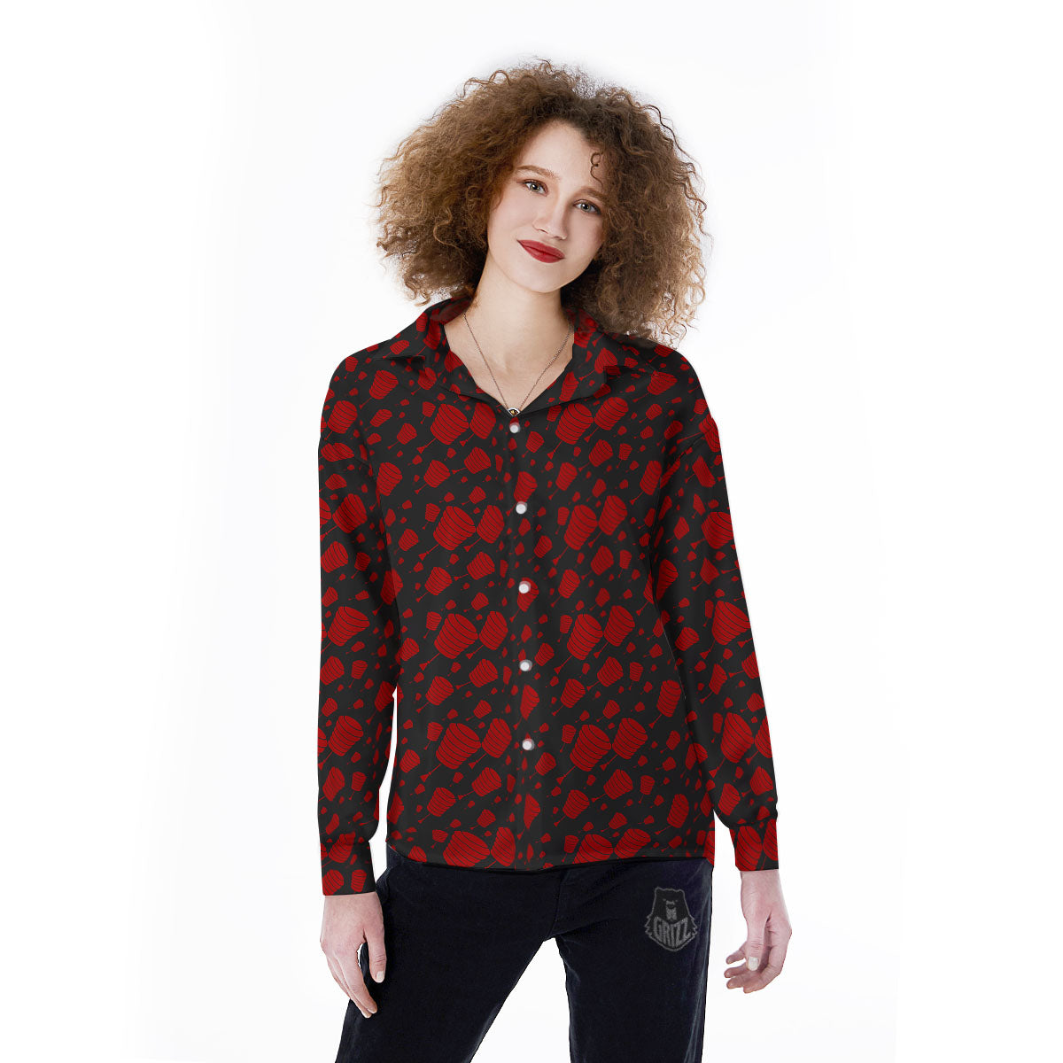 Chinese Red And Black Print Pattern Women's Long Sleeve Shirts-grizzshop