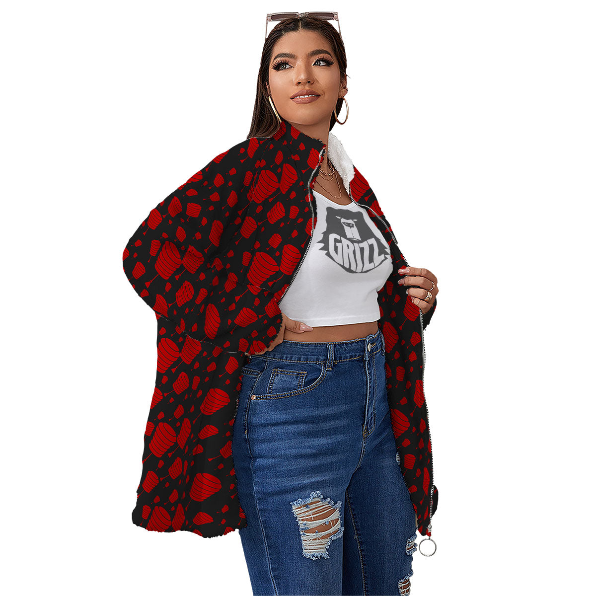 Chinese Red And Black Print Pattern Women's Sherpa Jacket-grizzshop