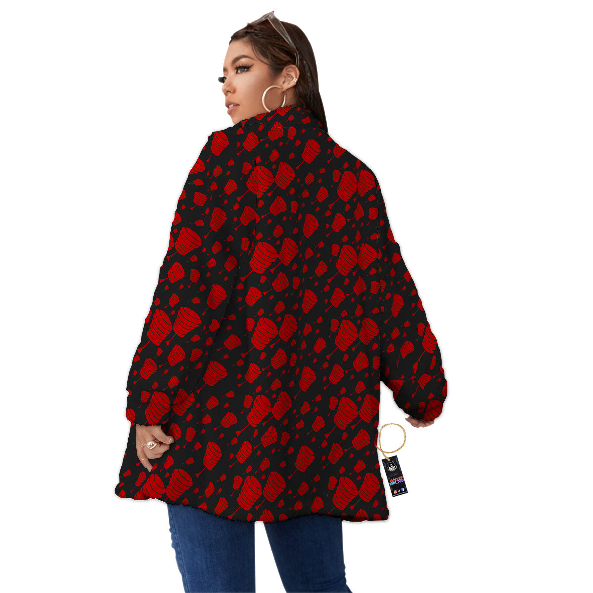 Chinese Red And Black Print Pattern Women's Sherpa Jacket-grizzshop