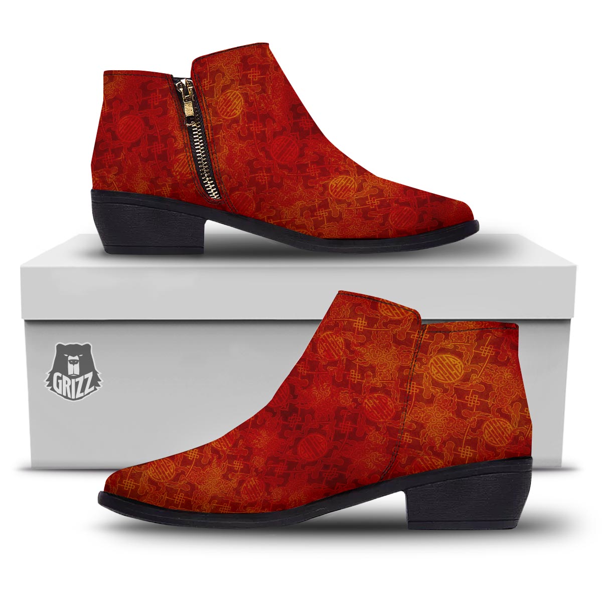 Chinese Red Print Pattern Ankle Boots-grizzshop