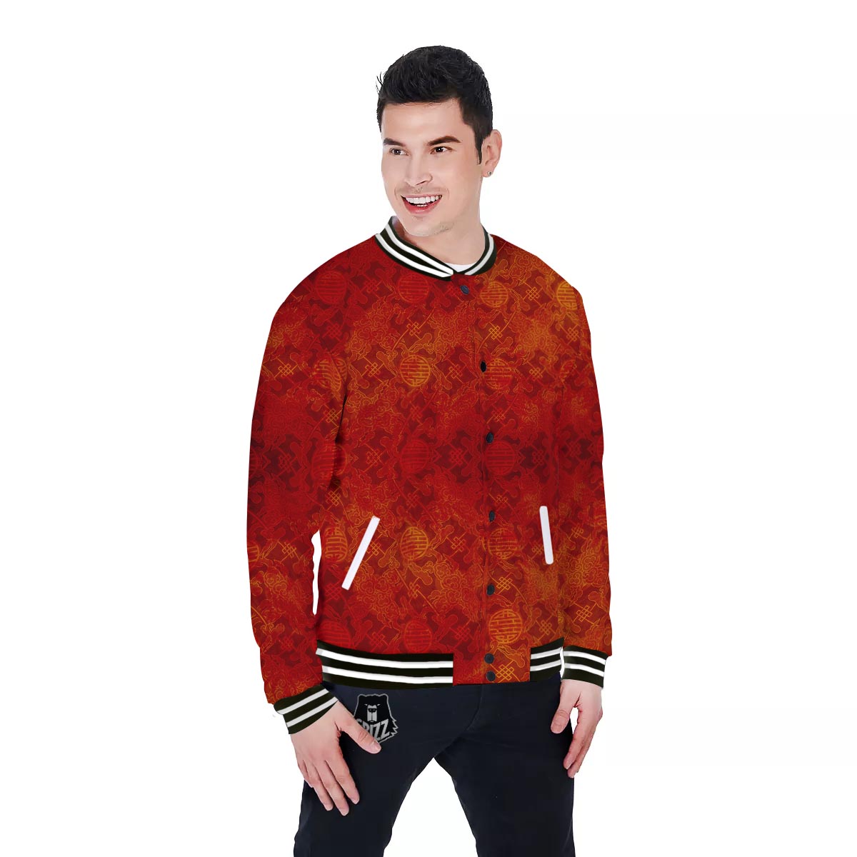 Chinese Red Print Pattern Baseball Jacket-grizzshop