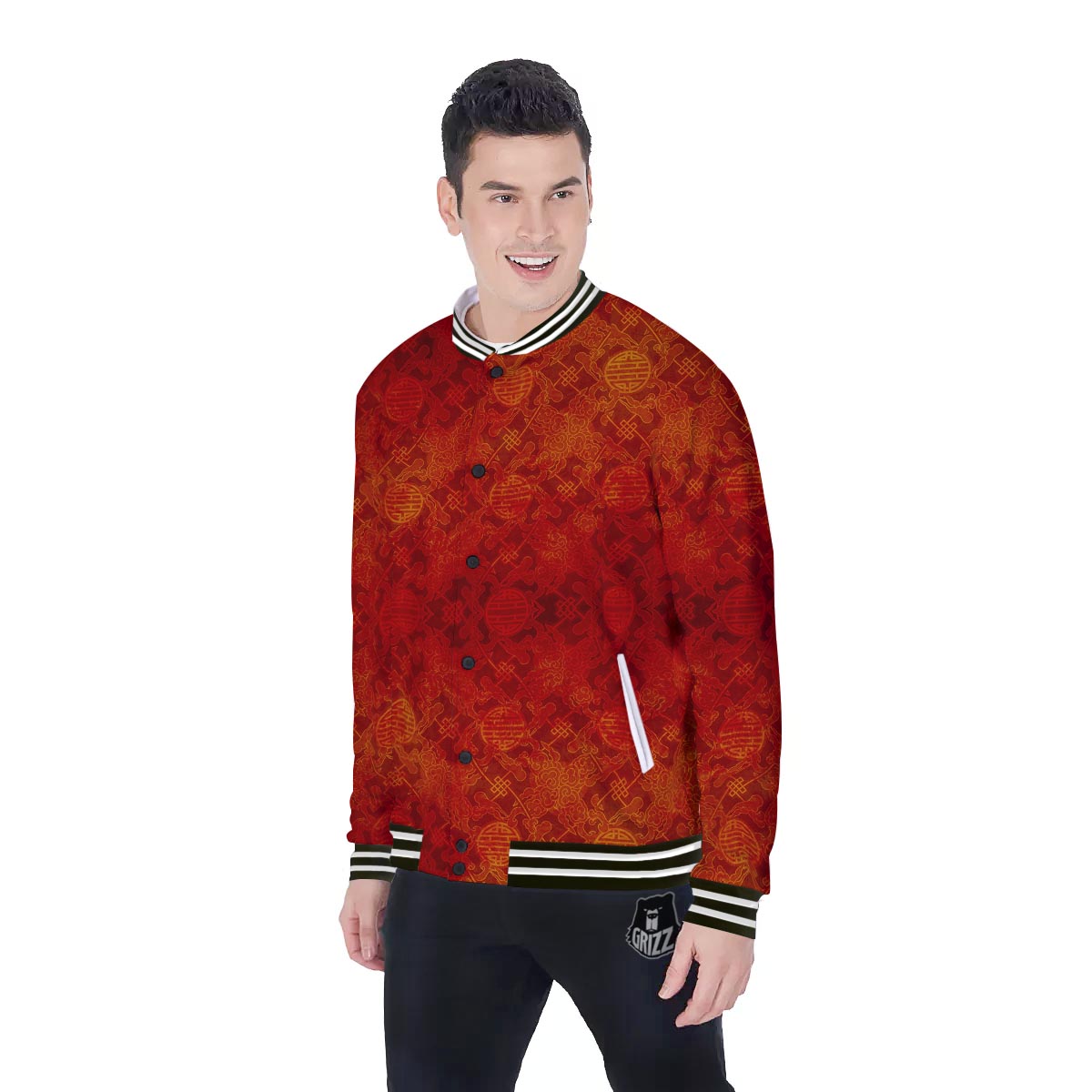 Chinese Red Print Pattern Baseball Jacket-grizzshop