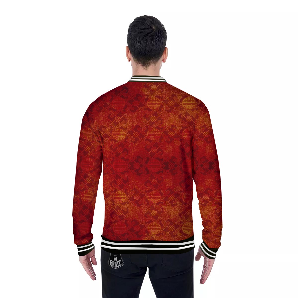Chinese Red Print Pattern Baseball Jacket-grizzshop