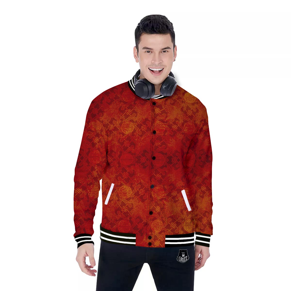 Chinese Red Print Pattern Baseball Jacket-grizzshop