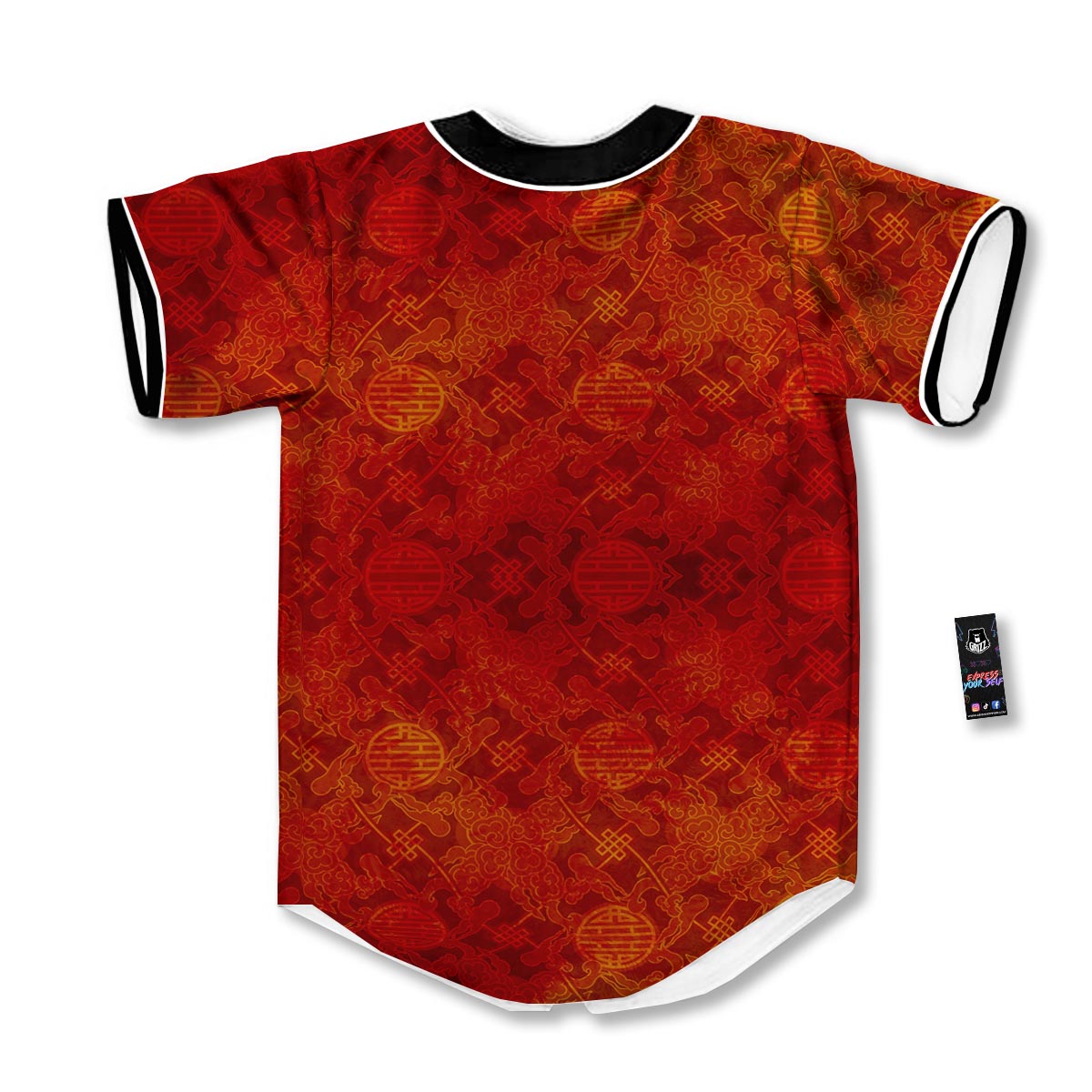 Chinese Red Print Pattern Baseball Jersey-grizzshop