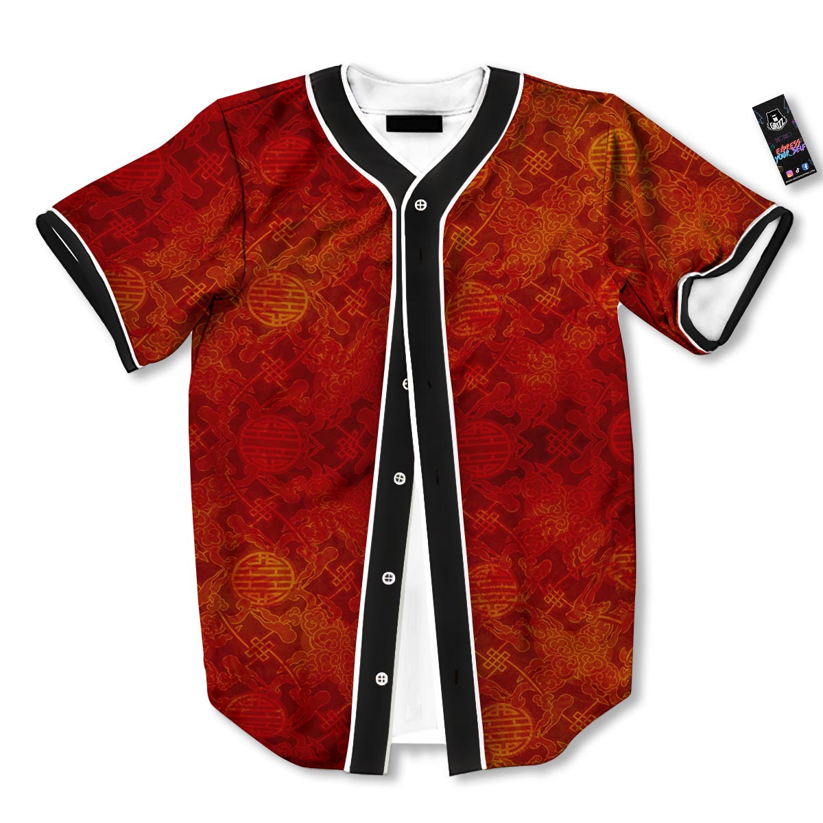 Chinese Red Print Pattern Baseball Jersey-grizzshop