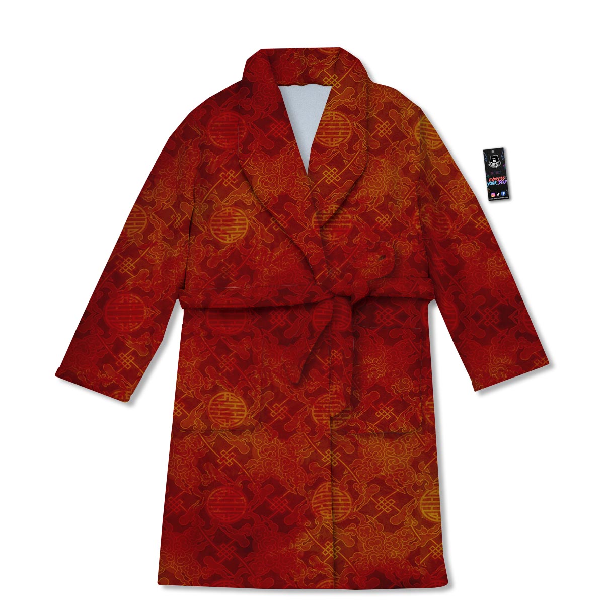 Chinese Red Print Pattern Bathrobe-grizzshop