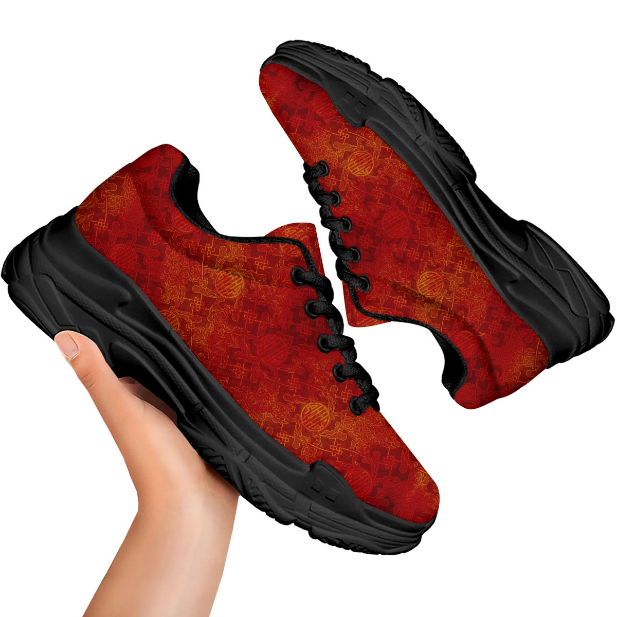 Chinese Red Print Pattern Black Chunky Shoes-grizzshop