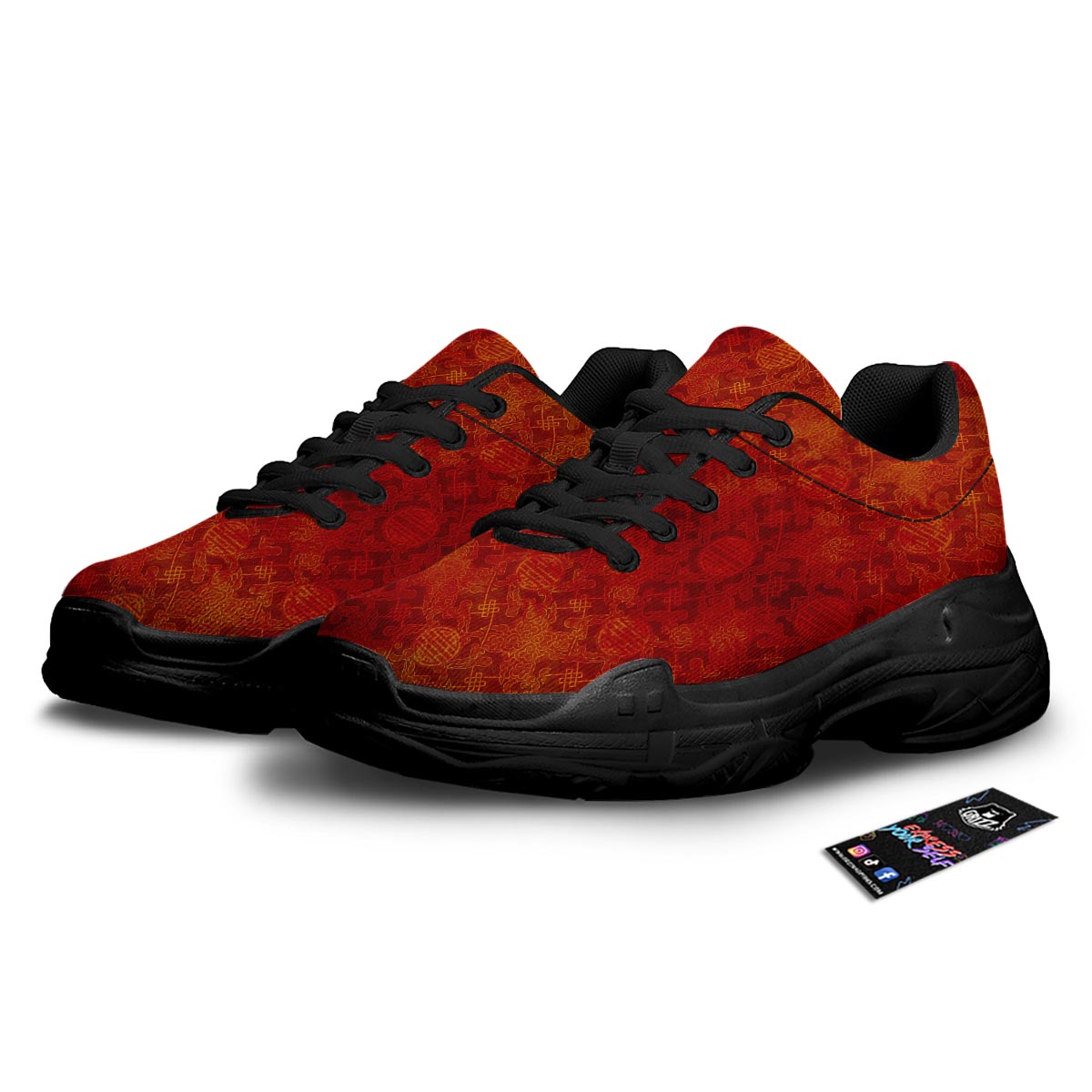 Chinese Red Print Pattern Black Chunky Shoes-grizzshop