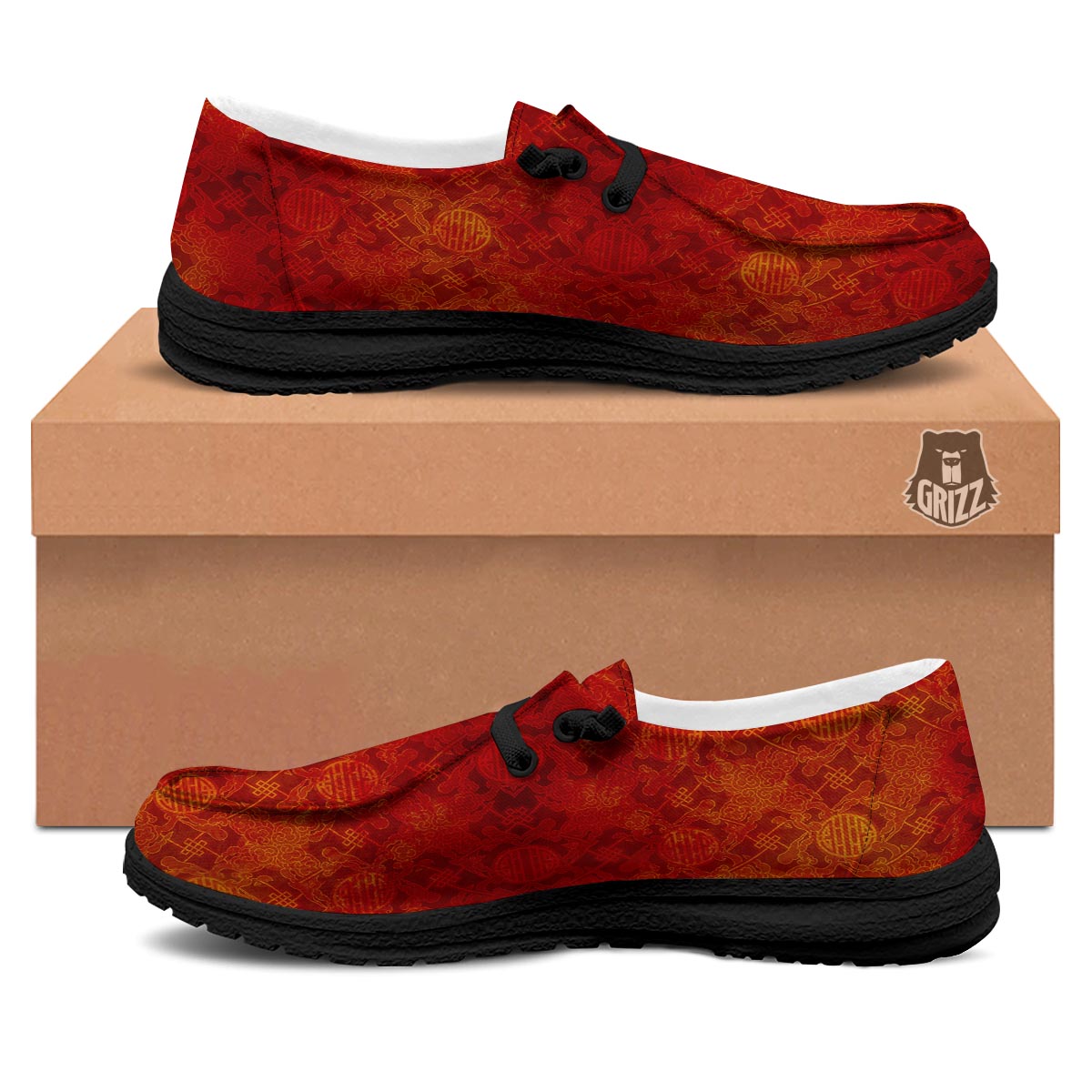 Chinese Red Print Pattern Black Loafers-grizzshop