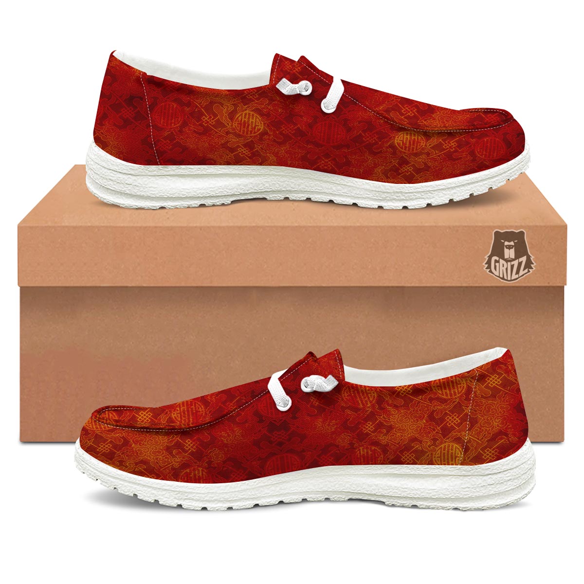 Chinese Red Print Pattern Black Loafers-grizzshop