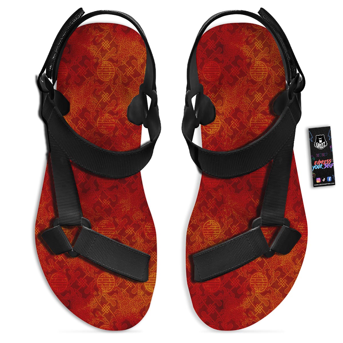 Chinese Red Print Pattern Black Open Toe Sandals-grizzshop