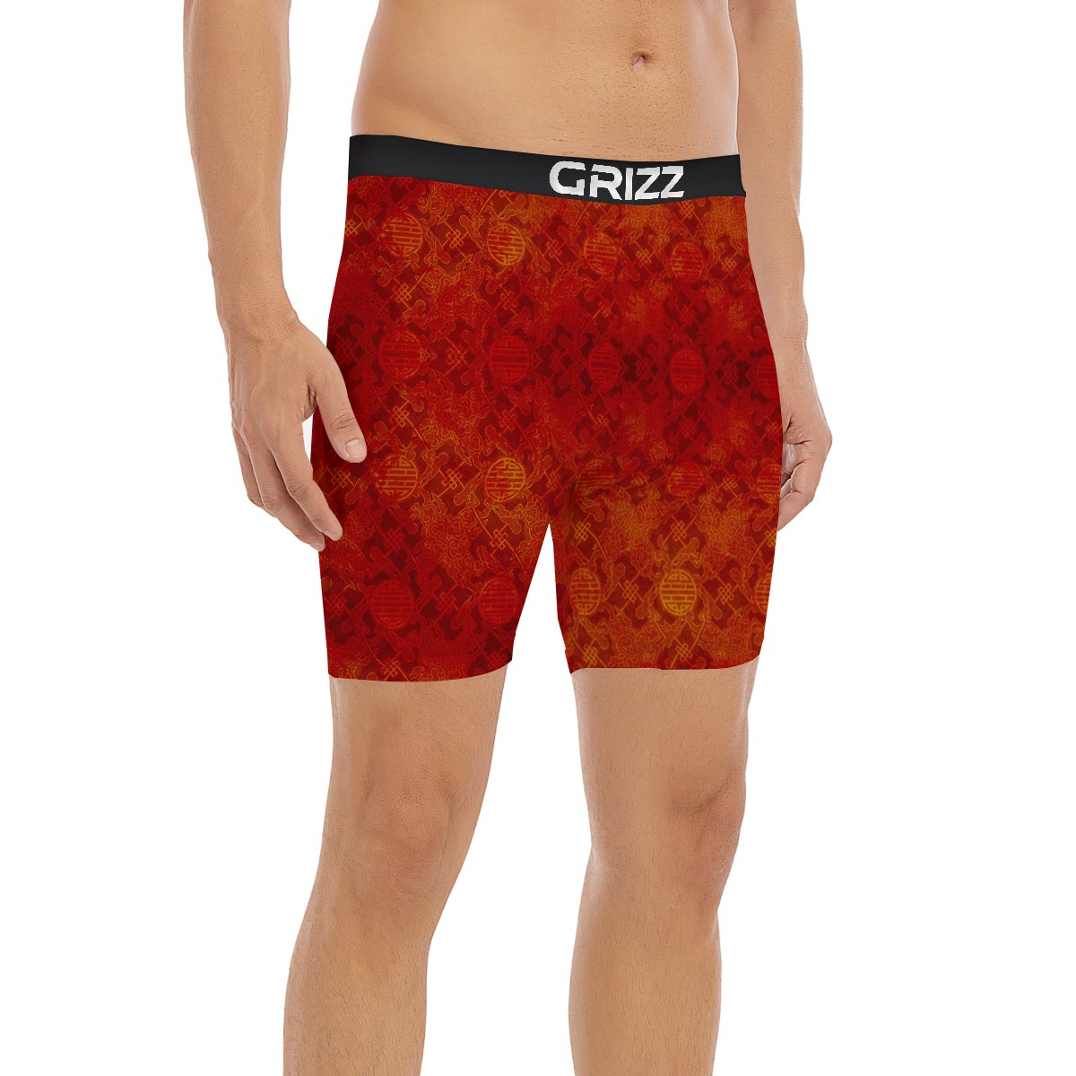 Chinese Red Print Pattern Boxer Briefs-grizzshop