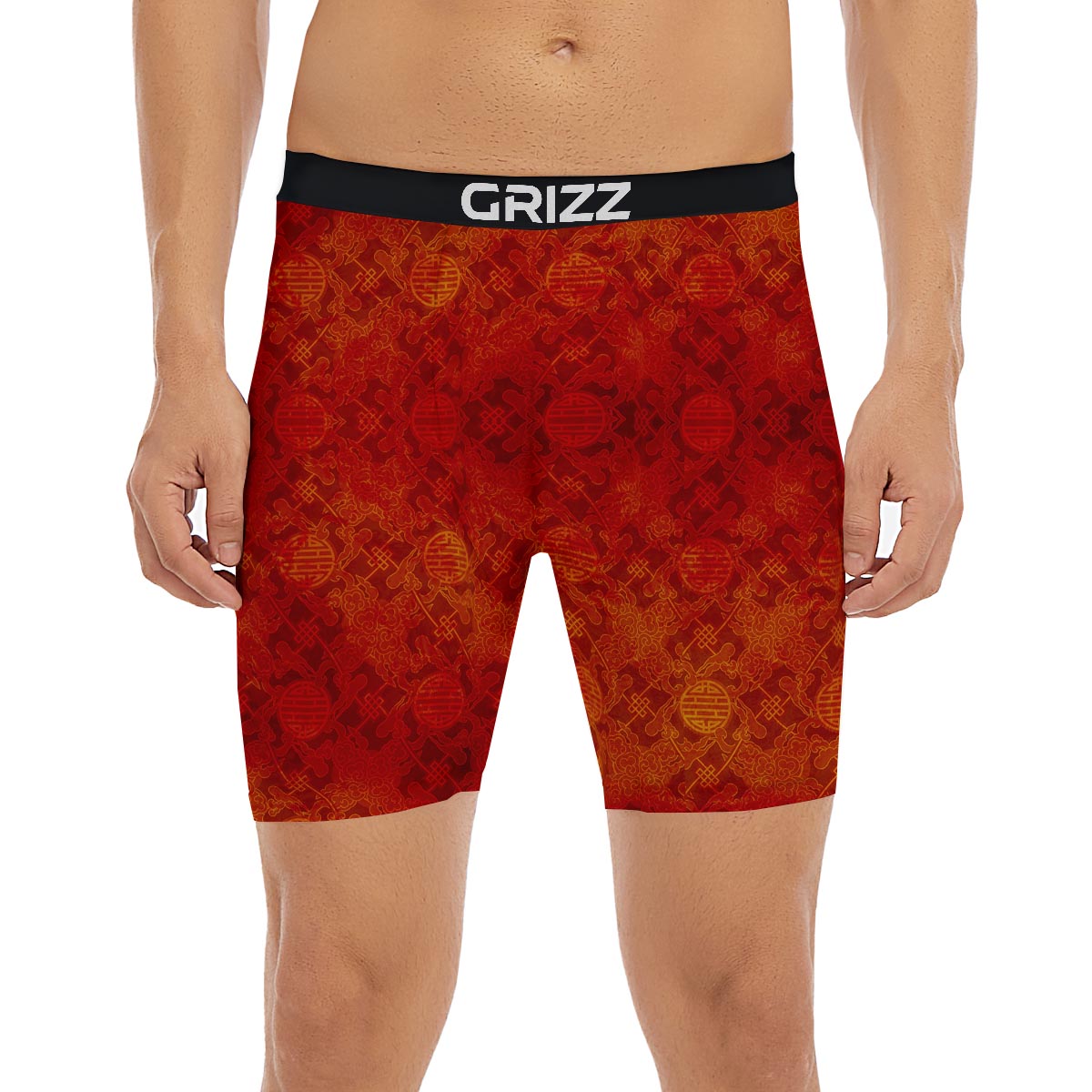 Chinese Red Print Pattern Boxer Briefs-grizzshop