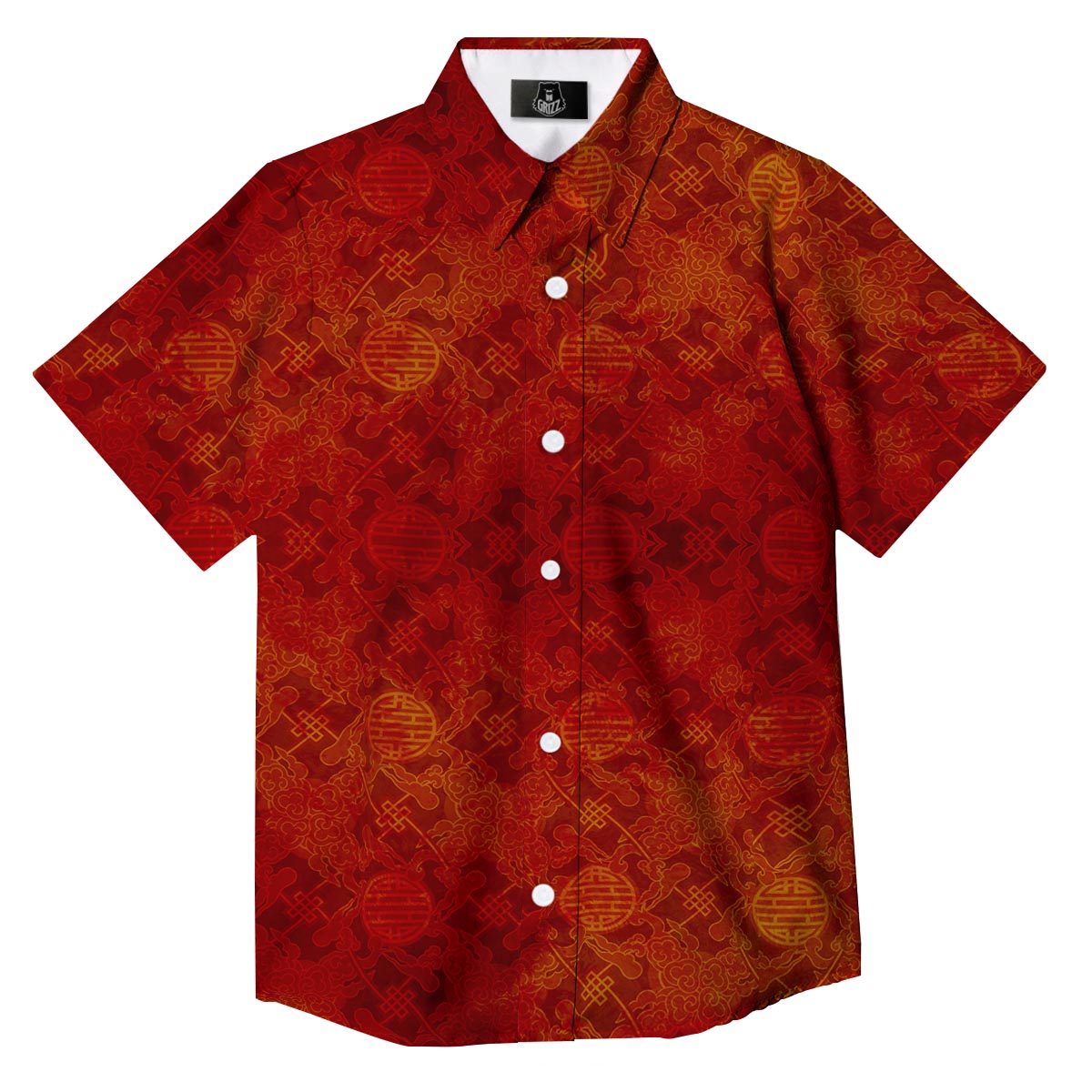 Chinese Red Print Pattern Button Up Shirt-grizzshop