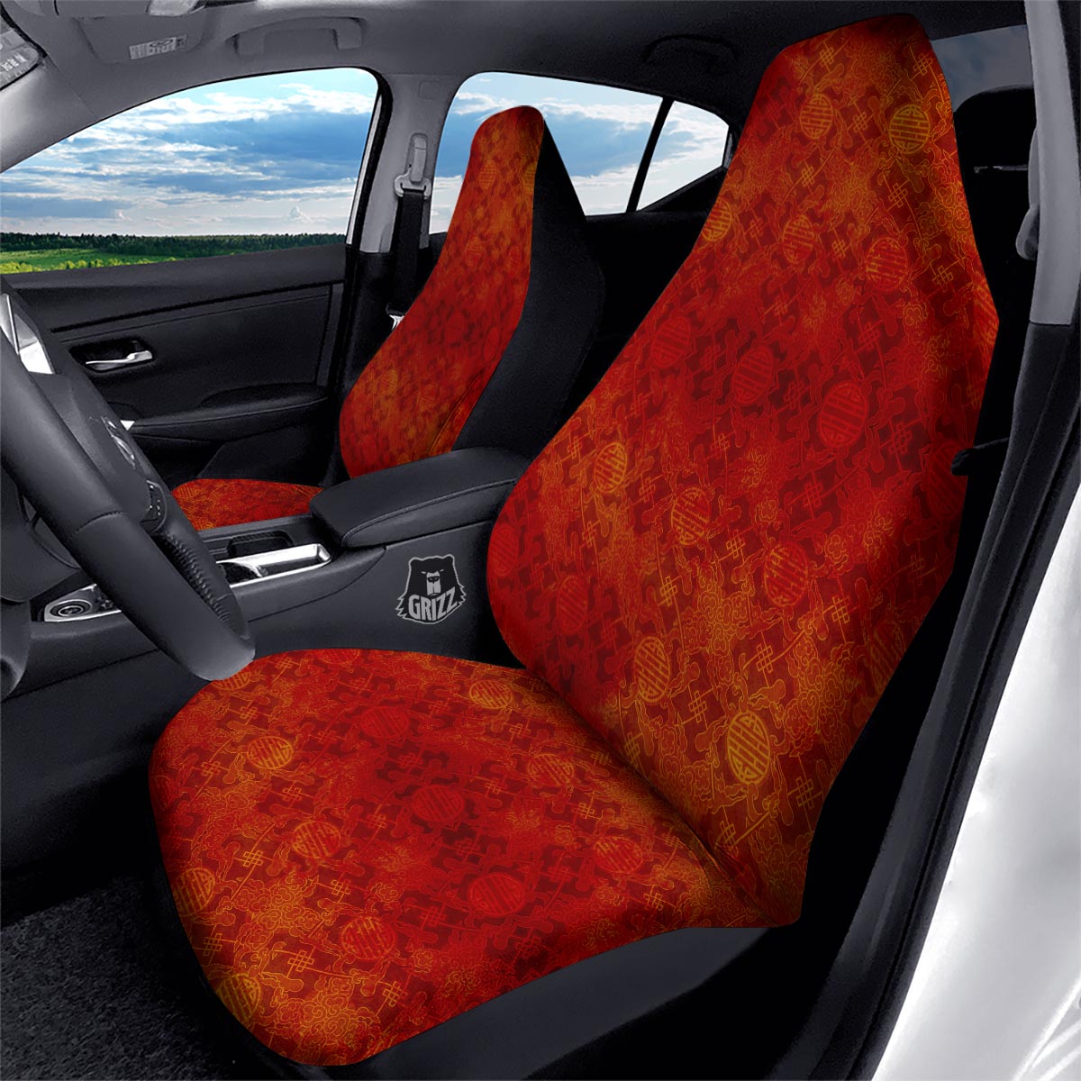 Chinese Red Print Pattern Car Seat Covers-grizzshop