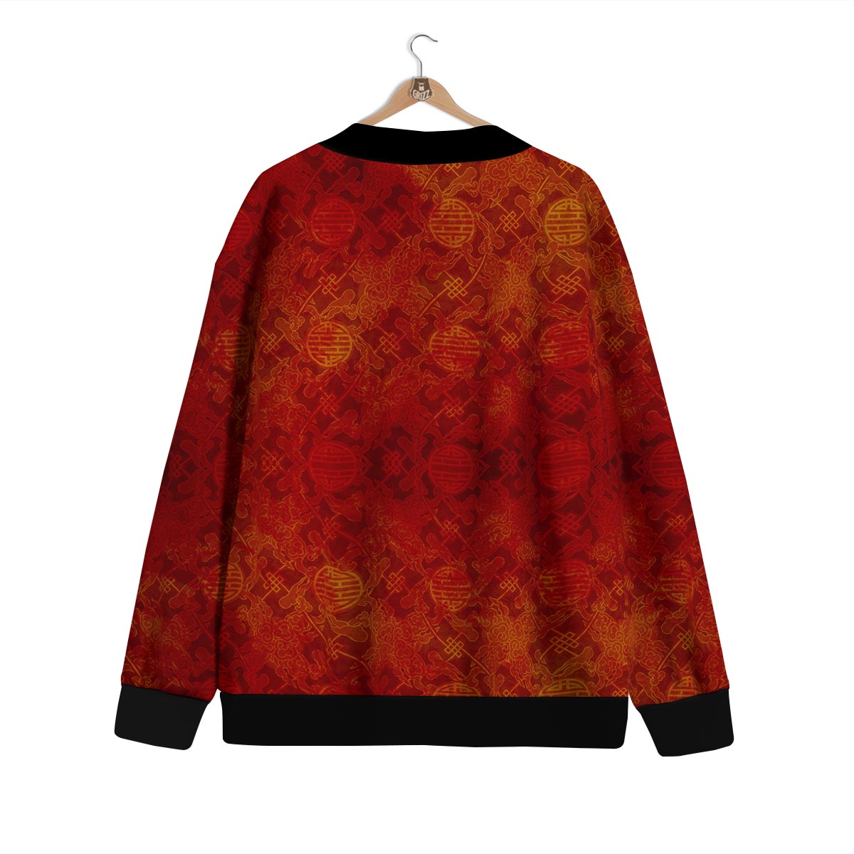 Chinese Red Print Pattern Cardigan-grizzshop