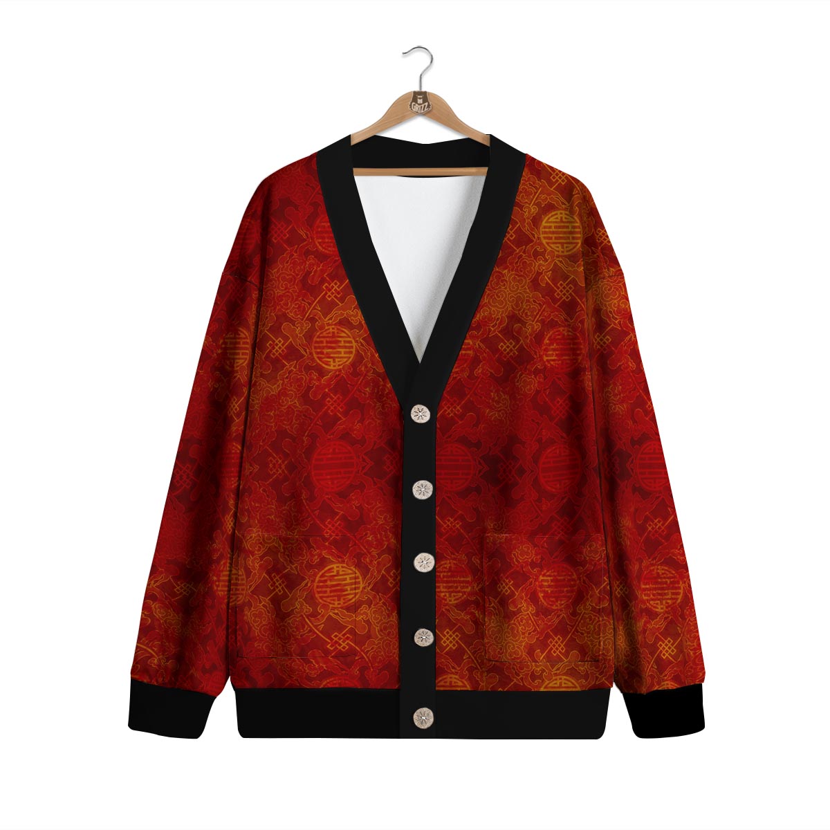 Chinese Red Print Pattern Cardigan-grizzshop