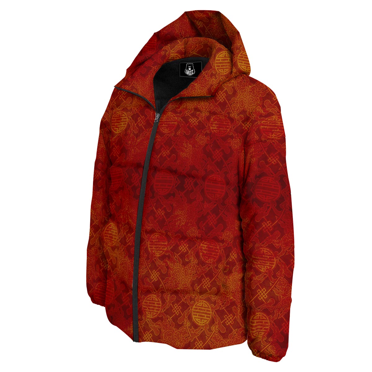 Chinese Red Print Pattern Down Jacket-grizzshop