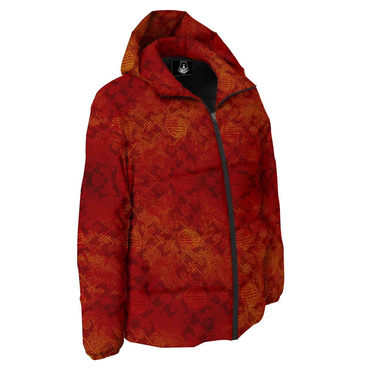 Chinese Red Print Pattern Down Jacket-grizzshop