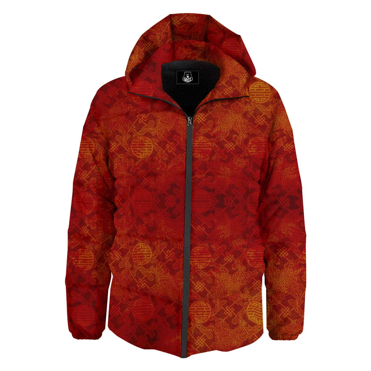 Chinese Red Print Pattern Down Jacket-grizzshop