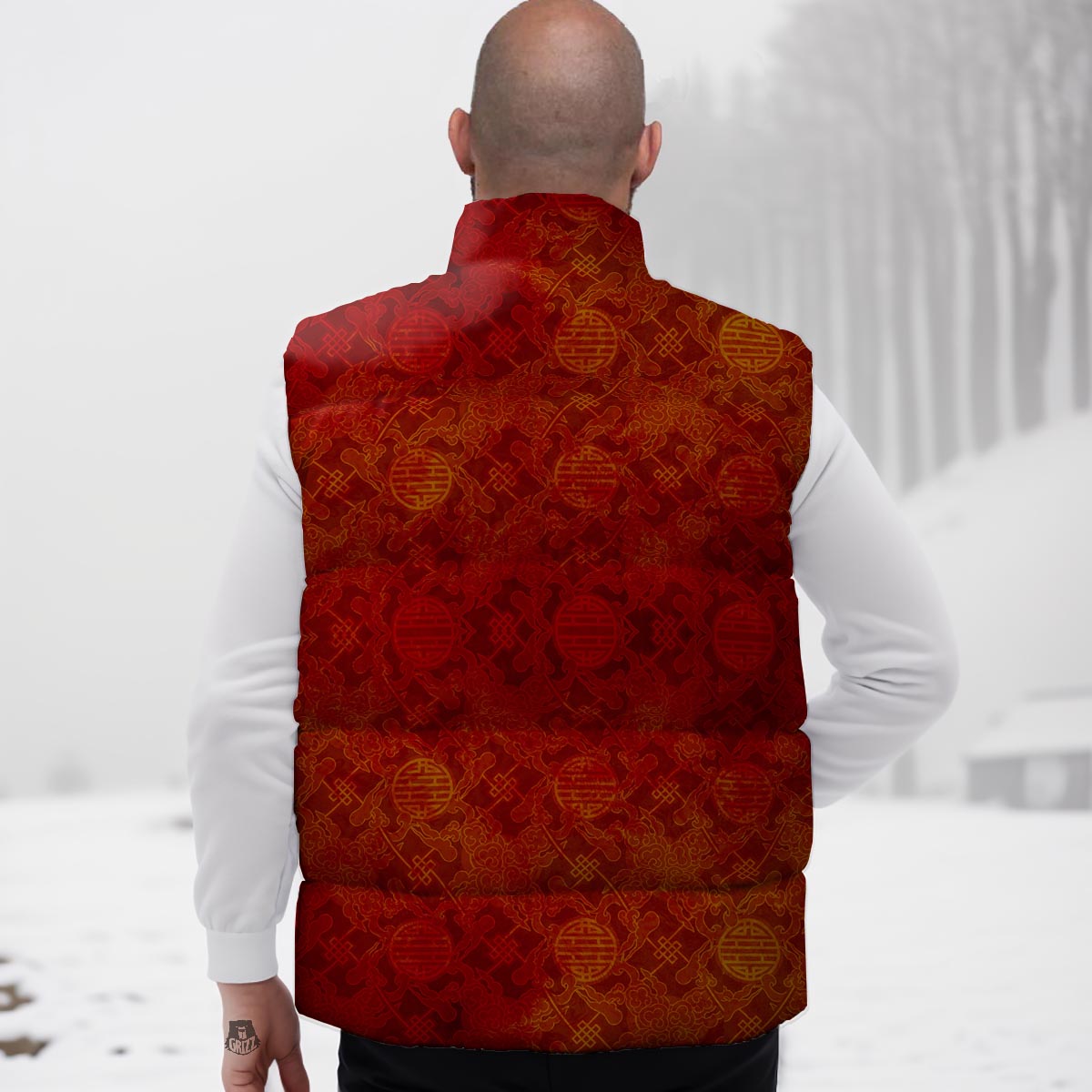 Chinese Red Print Pattern Down Vest