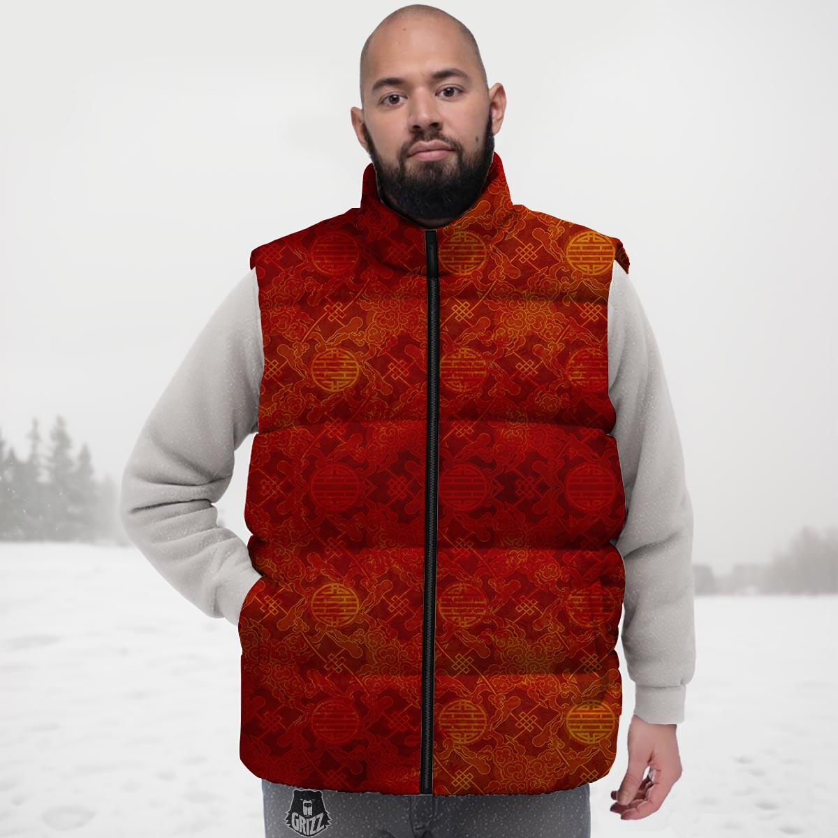 Chinese Red Print Pattern Down Vest