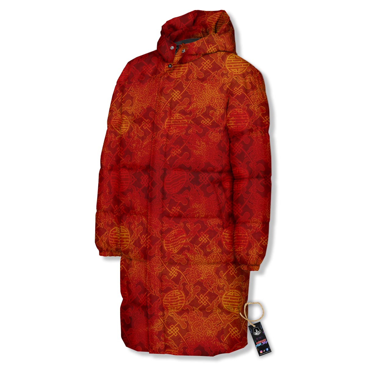 Chinese Red Print Pattern Long Down Jacket-grizzshop